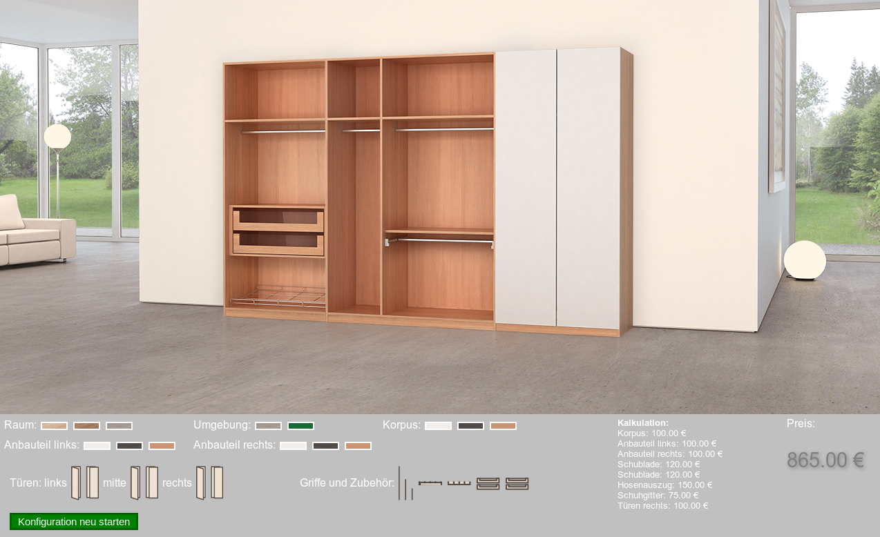 3D-Produktkonfigurator für Möbel - Auswahl von Schubladen und anderen Komponenten 3D-Produktkonfigurator für Möbel - Auswahl von Schubladen und anderen Komponenten