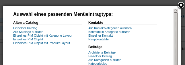 AlterraCatalog - Men&uuml;eintragtypen